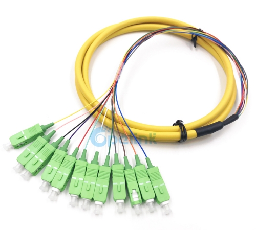 Sc/apc wuldle distribuição fibra pigtail, sm 9/125 fanout 0.9mm fibra óptica pigtail